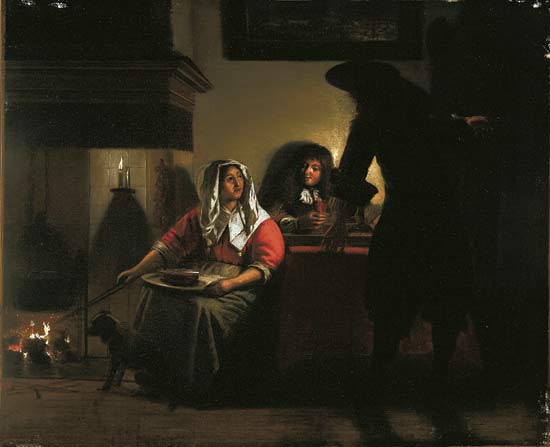 Pieter de Hooch Interior with Two Gentleman and a Woman Beside a Fire